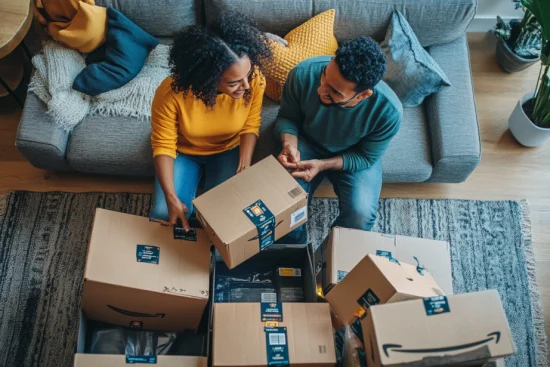 A couple sitting on the floor of their living room, happily opening Amazon parcels together. The scene highlights the excitement of online shopping and discovering new purchases. This image represents the enjoyment of shopping with helpful Amazon tips to make the experience smoother and more rewarding.