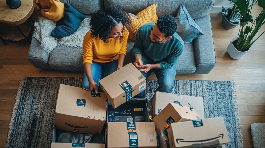 A couple sitting on the floor of their living room, happily opening Amazon parcels together. The scene highlights the excitement of online shopping and discovering new purchases. This image represents the enjoyment of shopping with helpful Amazon tips to make the experience smoother and more rewarding.