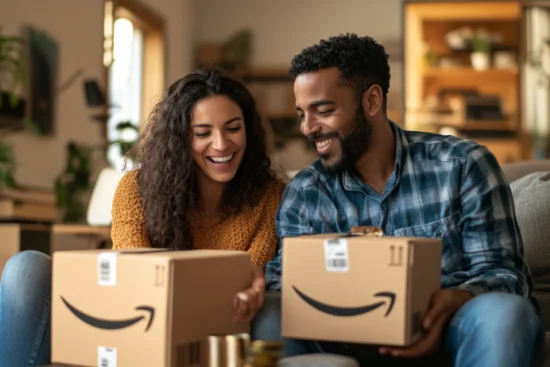 A happy couple sitting on their couch, smiling as they open Amazon parcels together. The image represents the excitement of discovering Amazon best deals, showcasing the joy of receiving online orders with great savings.