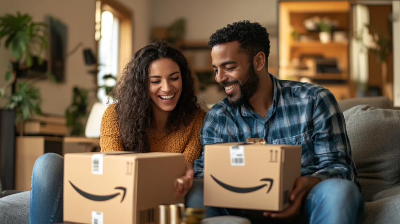 A happy couple sitting on their couch, smiling as they open Amazon parcels together. The image represents the excitement of discovering Amazon best deals, showcasing the joy of receiving online orders with great savings.