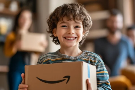 A young child smiling happily while holding an Amazon box, with two blurred adults in the background. The scene captures the joy of receiving a delivery, possibly related to items from Amazon wishlists, highlighting the convenience and excitement of shopping through Amazon's personalized lists.