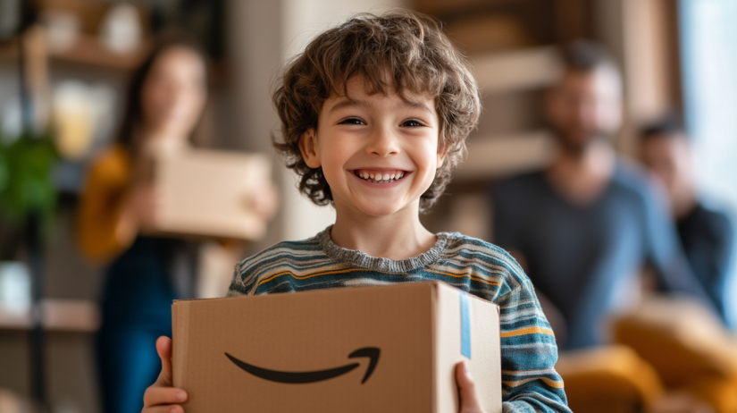 A young child smiling happily while holding an Amazon box, with two blurred adults in the background. The scene captures the joy of receiving a delivery, possibly related to items from Amazon wishlists, highlighting the convenience and excitement of shopping through Amazon's personalized lists.