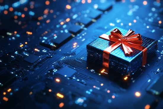 A futuristic gift box with a red ribbon sits on a glowing digital circuit board, symbolizing the tech deals during Amazon Cyber Monday. The blue and black tones of the background highlight the online shopping and electronic focus of the event.