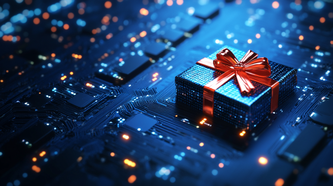 A futuristic gift box with a red ribbon sits on a glowing digital circuit board, symbolizing the tech deals during Amazon Cyber Monday. The blue and black tones of the background highlight the online shopping and electronic focus of the event.