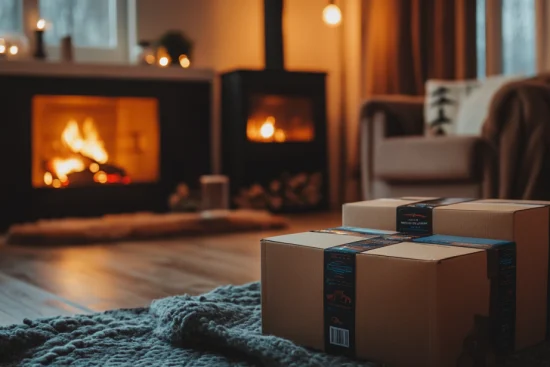 Two Amazon parcels sitting on a cozy blanket in a warm living room with a fireplace in the background. The scene evokes the comfort and convenience of shopping with an Amazon Prime membership, where fast shipping and exclusive perks make deliveries feel like a part of your home. amazon wishlists