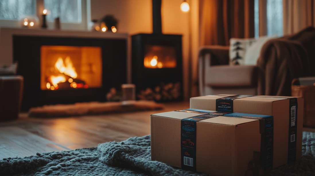 Two Amazon parcels sitting on a cozy blanket in a warm living room with a fireplace in the background. The scene evokes the comfort and convenience of shopping with an Amazon Prime membership, where fast shipping and exclusive perks make deliveries feel like a part of your home. amazon wishlists