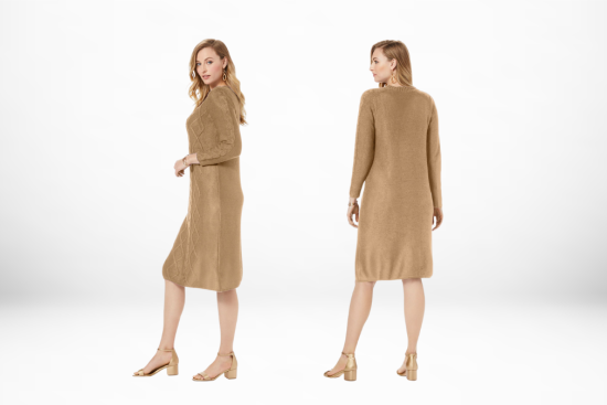 Two views of a woman wearing a camel-colored textured dress: side and back views, styled with gold heels, set against a white background.