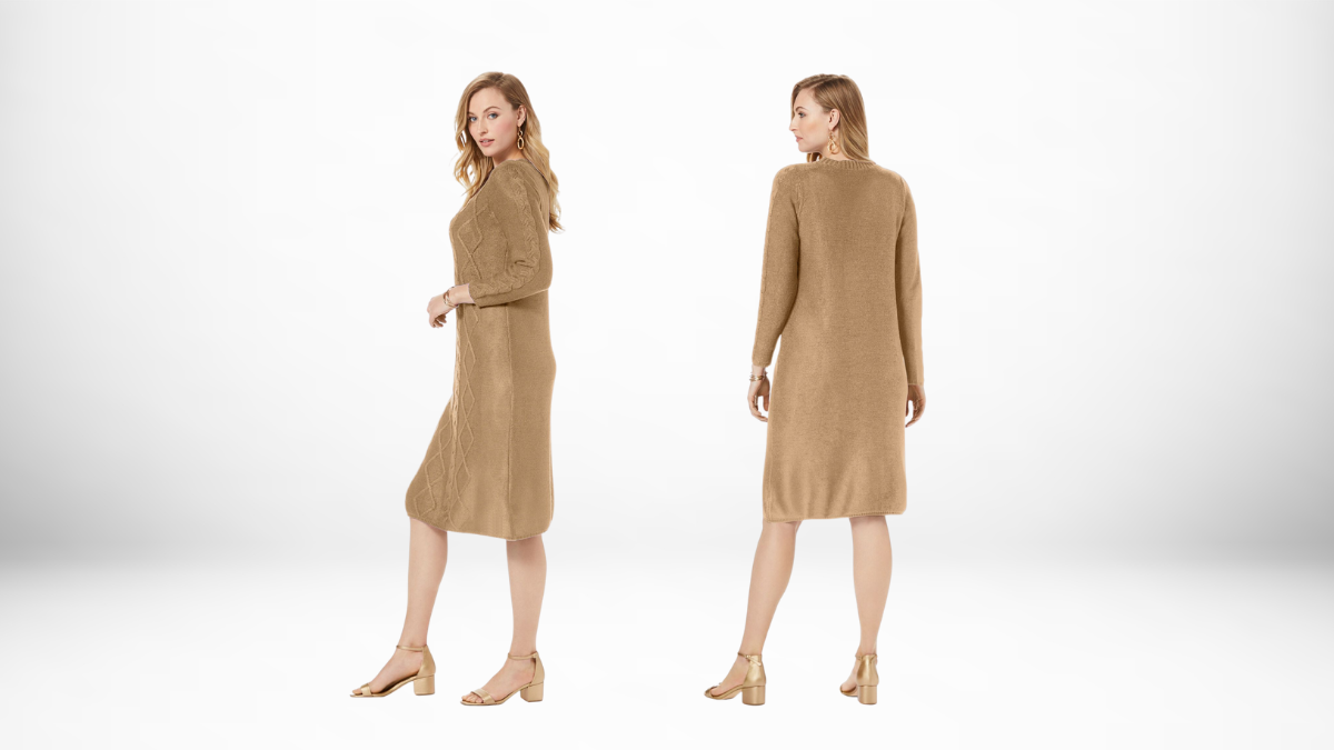 Two views of a woman wearing a camel-colored textured dress: side and back views, styled with gold heels, set against a white background.