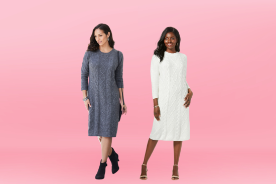 Two women in knit dresses: one in gray with navy boots, the other in white with tan heels, against a pastel pink background.