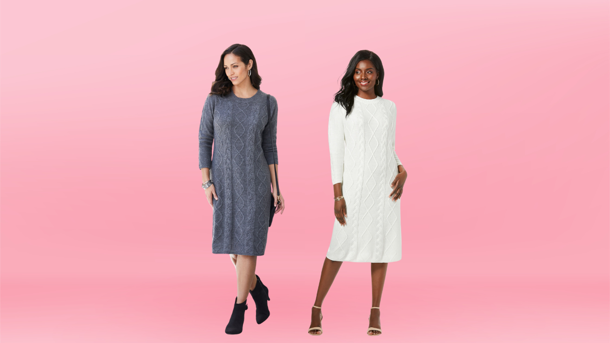 Two women in knit dresses: one in gray with navy boots, the other in white with tan heels, against a pastel pink background.