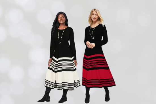 Two women wearing elegant black dresses with long sleeves and contrasting striped skirts, one in ivory and the other in red. Both paired with black boots, standing against a soft bokeh background.