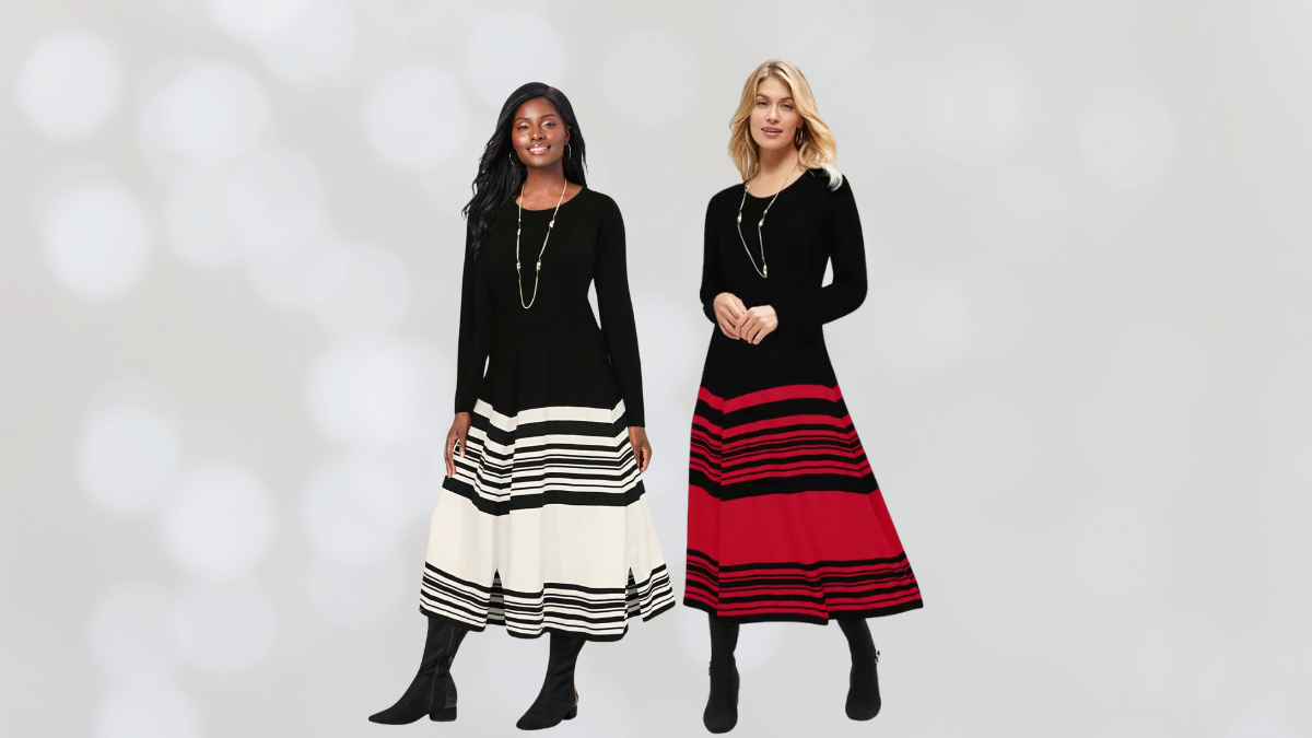 Two women wearing elegant black dresses with long sleeves and contrasting striped skirts, one in ivory and the other in red. Both paired with black boots, standing against a soft bokeh background.