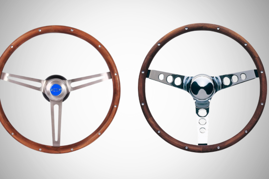 This image displays two elegant wooden steering wheels with metal accents, showcasing classic and stylish designs ideal for vintage or custom vehicles.