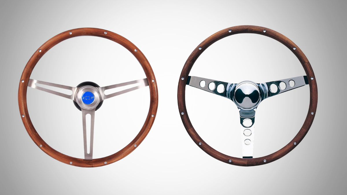 This image displays two elegant wooden steering wheels with metal accents, showcasing classic and stylish designs ideal for vintage or custom vehicles.