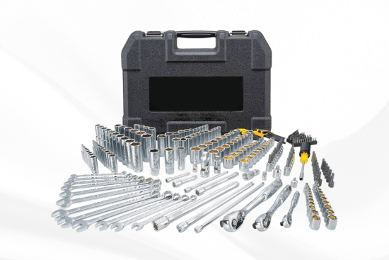 This image features a comprehensive mechanic's toolset, neatly arranged in front of a sturdy black carrying case.