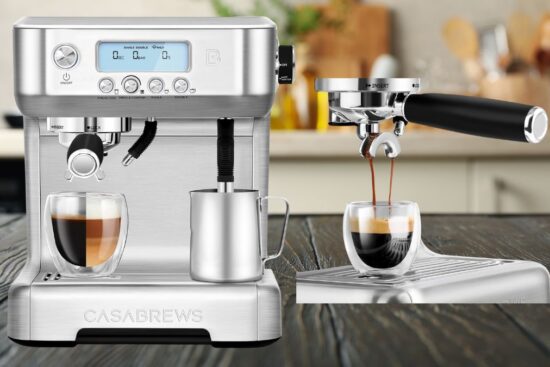 CASABREWS NEUTRON PRO™ espresso machine brewing coffee with a steam wand and LCD screen.