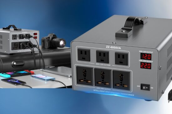 A 6000W voltage converter with multiple outlets, an LED display, and a sturdy design, powering various devices like phones, cameras, and laptops.