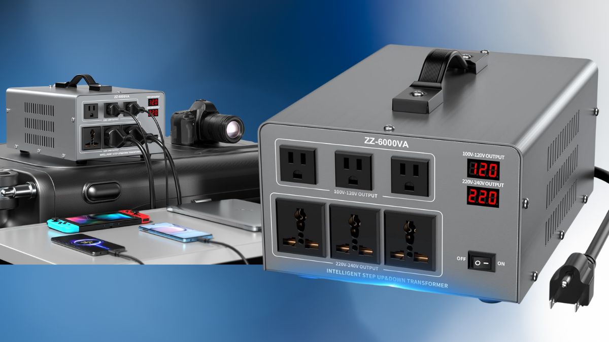 A 6000W voltage converter with multiple outlets, an LED display, and a sturdy design, powering various devices like phones, cameras, and laptops.