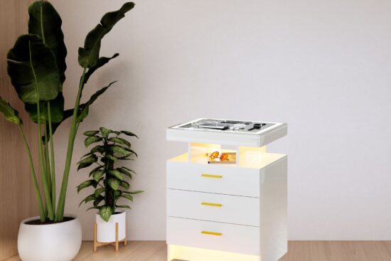 Lvifur 2 Set Nightstand in white with three drawers, open lit compartments, and a glass top, styled next to indoor plants.