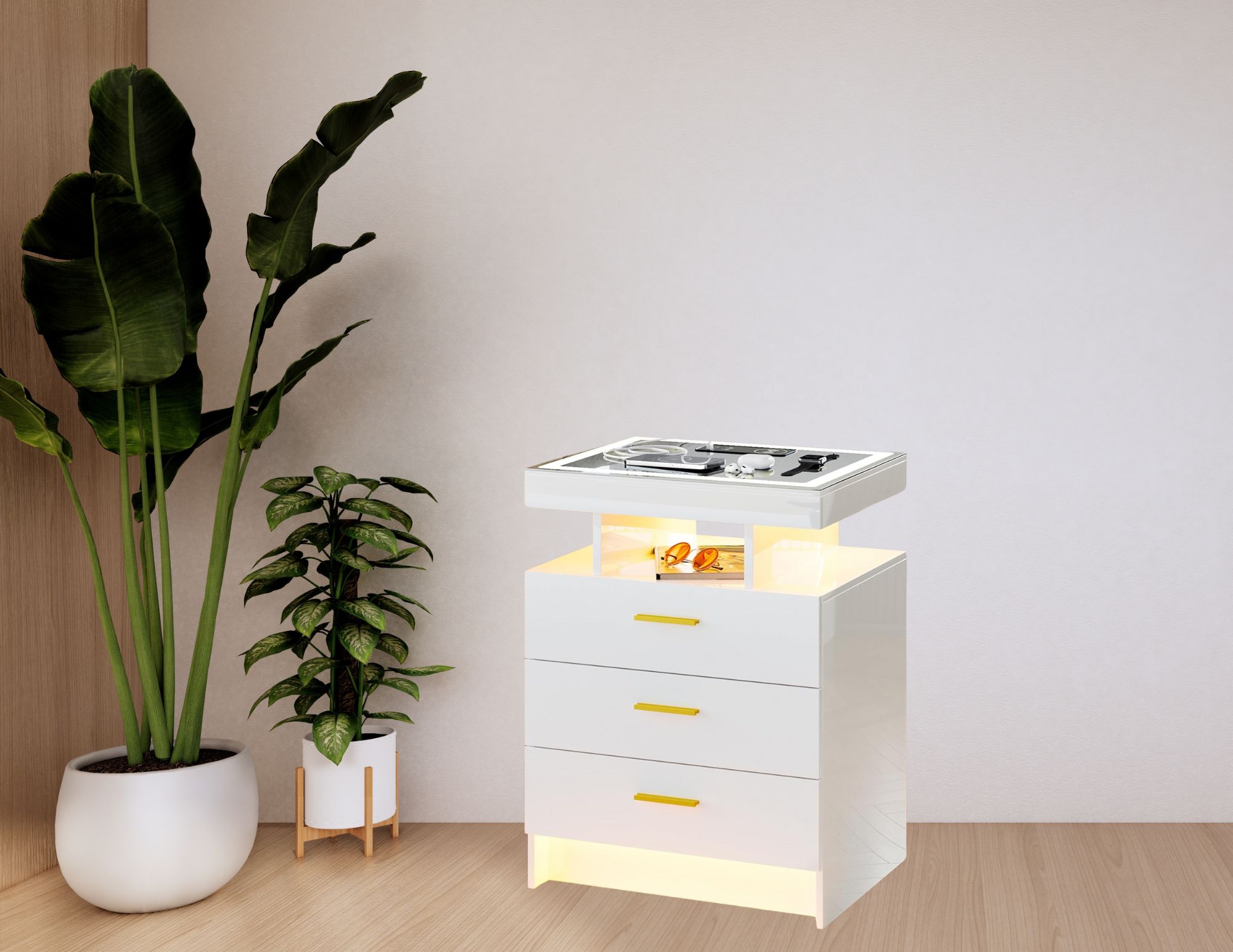 Lvifur 2 Set Nightstand in white with three drawers, open lit compartments, and a glass top, styled next to indoor plants.