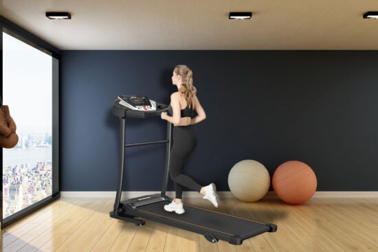 A woman exercising on the DONOW Treadmill with Incline in a home gym setup.