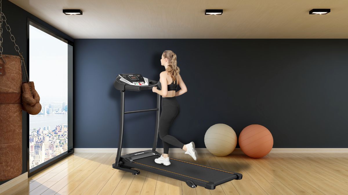 A woman exercising on the DONOW Treadmill with Incline in a home gym setup.