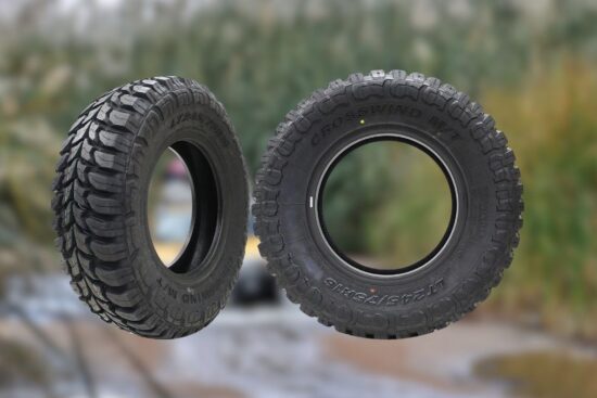 Two Crosswind M/T Mud Terrain tires shown with a natural background, featuring a strong tread design for off-road driving.