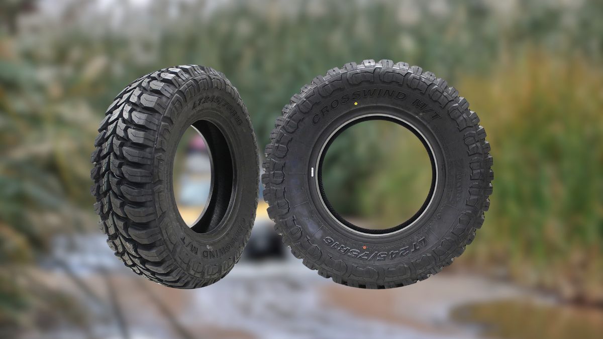 Two Crosswind M/T Mud Terrain tires shown with a natural background, featuring a strong tread design for off-road driving.