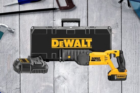 The DEWALT 20V MAX Cordless Reciprocating Saw Kit is displayed with its durable carrying case, battery, and charger, surrounded by tools on a wooden surface.