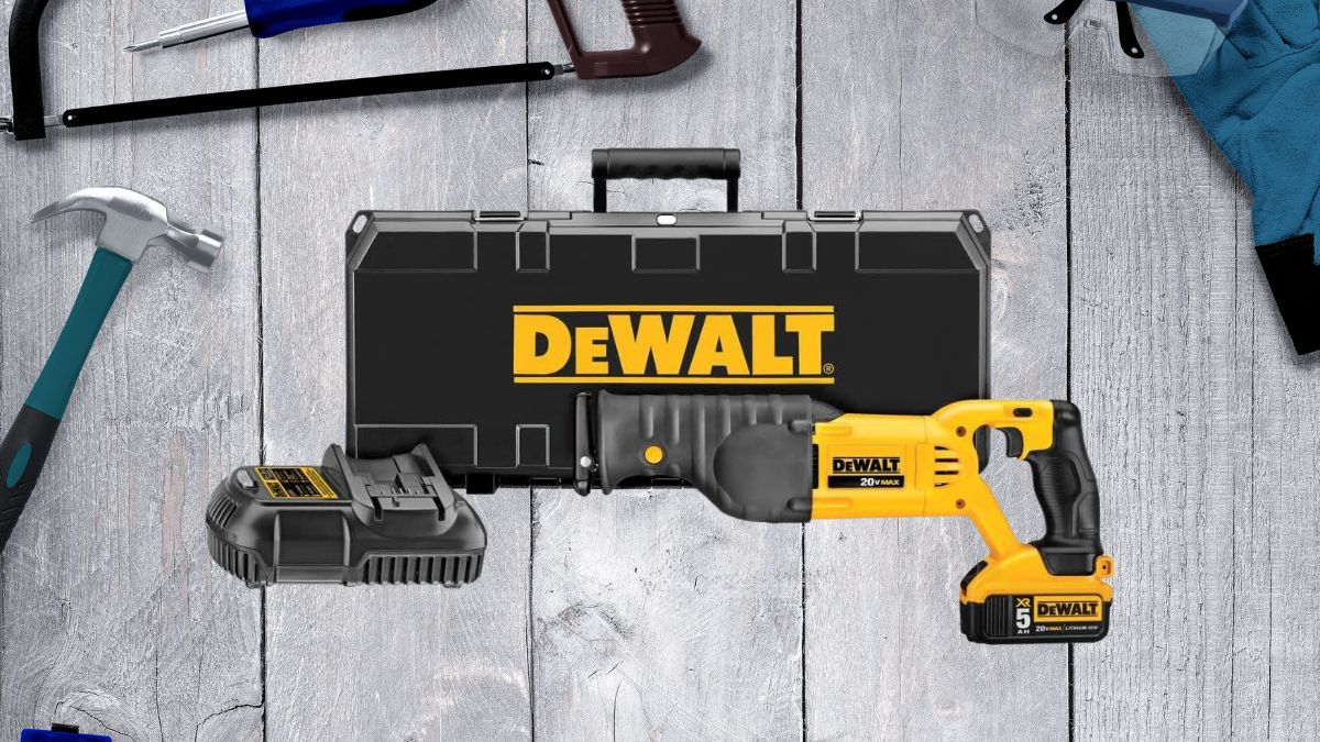 The DEWALT 20V MAX Cordless Reciprocating Saw Kit is displayed with its durable carrying case, battery, and charger, surrounded by tools on a wooden surface.