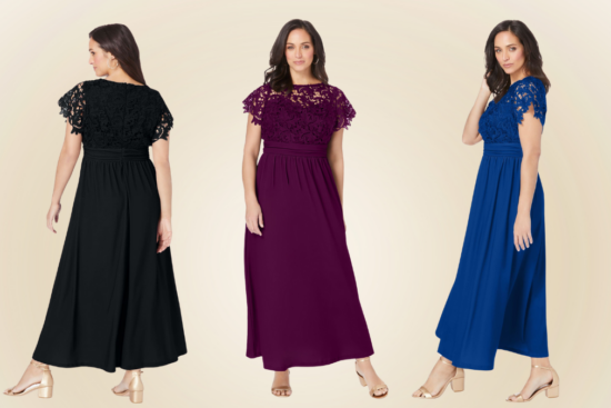 Three elegant evening gowns featuring lace bodices and flowing skirts in black, burgundy, and royal blue, modeled from different angles.