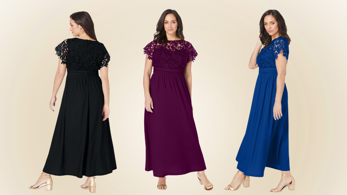 Three elegant evening gowns featuring lace bodices and flowing skirts in black, burgundy, and royal blue, modeled from different angles.