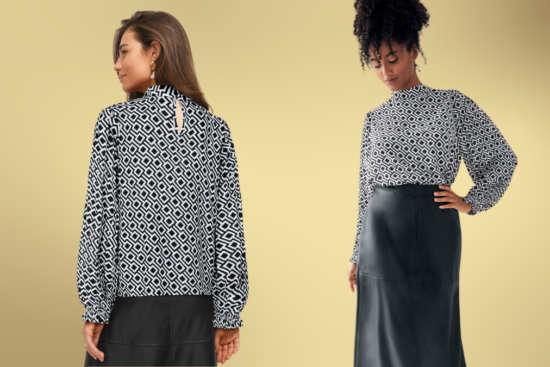 Two models wearing a black-and-white geometric blouse with balloon sleeves, one showing the back keyhole detail, paired with a black skirt on a gold background.