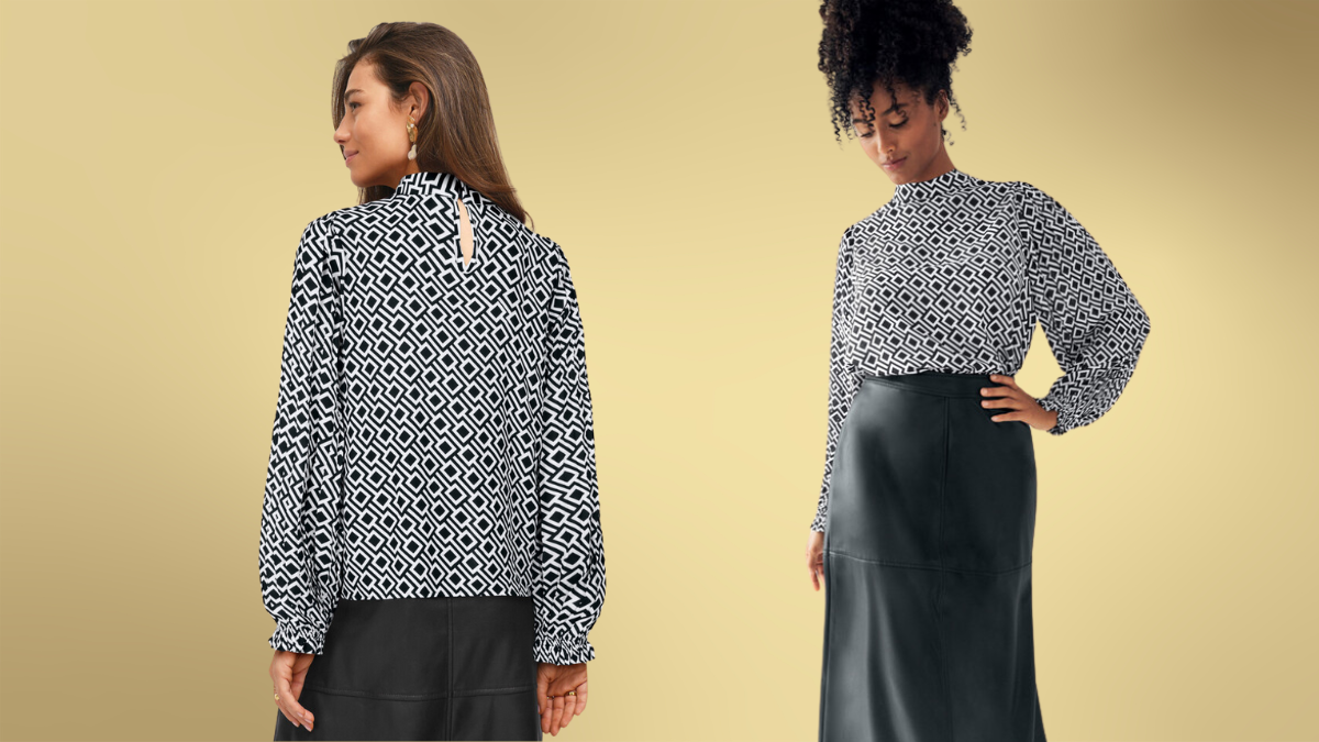 Two models wearing a black-and-white geometric blouse with balloon sleeves, one showing the back keyhole detail, paired with a black skirt on a gold background.