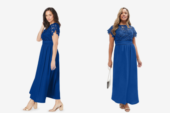 Two women showcasing elegant royal blue maxi dresses with delicate lace detailing on the bodice, featuring a cinched waist for a flattering silhouette.