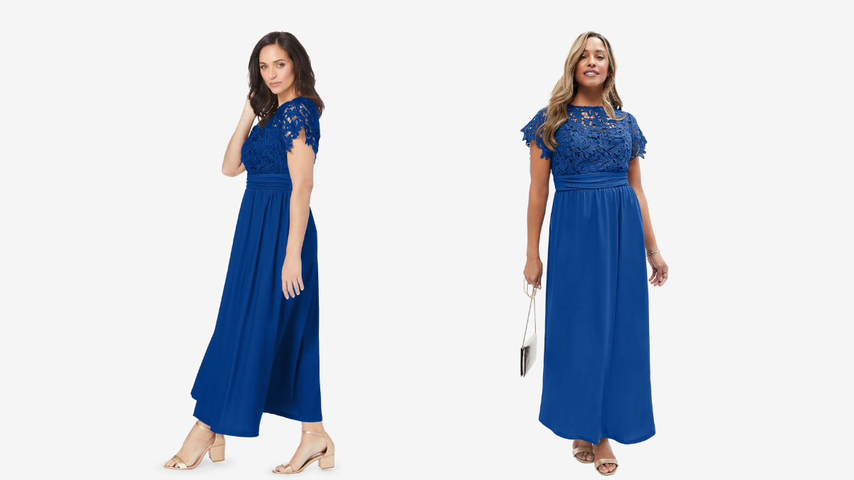 Two women showcasing elegant royal blue maxi dresses with delicate lace detailing on the bodice, featuring a cinched waist for a flattering silhouette.