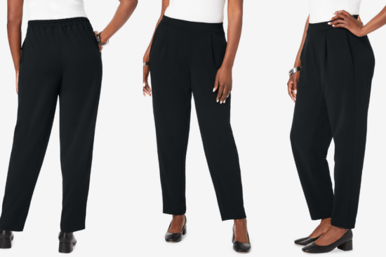 Three views of classic black tailored pants, featuring an elasticized back waistband for comfort, front pleats for a polished look, and ankle-length hems, styled with black heels.