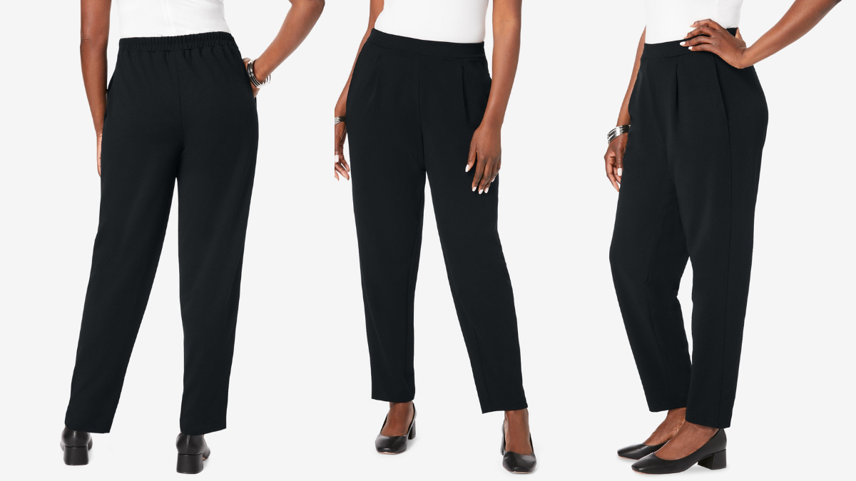 Three views of classic black tailored pants, featuring an elasticized back waistband for comfort, front pleats for a polished look, and ankle-length hems, styled with black heels.