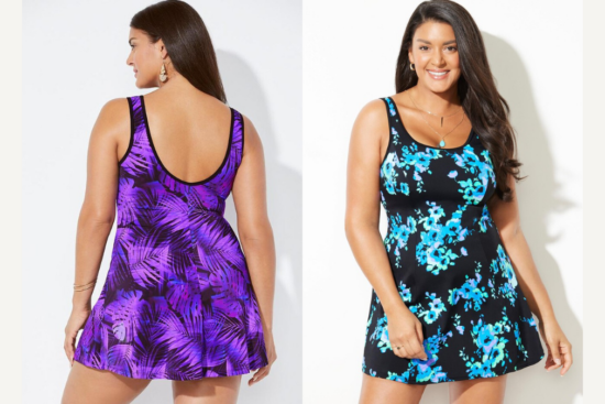 Three women wearing colorful plus-size swimsuits, including tie-dye, black with white trim, and floral prints.