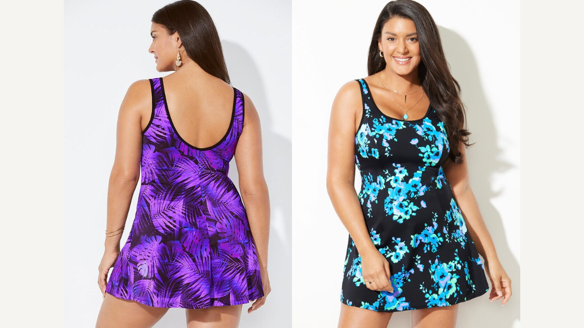 Three women wearing colorful plus-size swimsuits, including tie-dye, black with white trim, and floral prints.