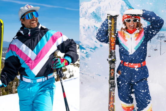 Two skiers in vibrant retro-style ski suits enjoying a snowy mountain landscape; one holds skis, and the other carries a snowboard, exuding joyful energy.