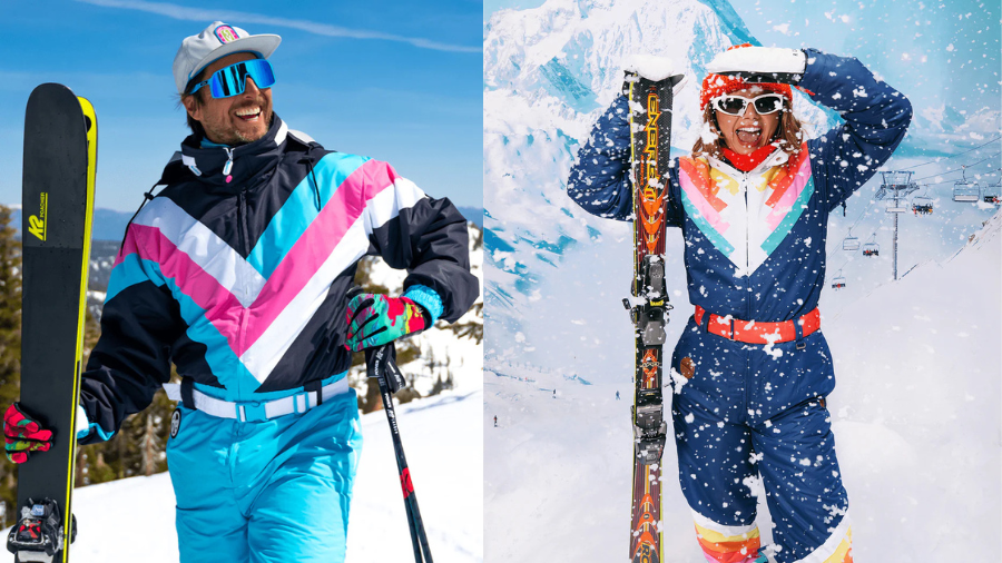 Two skiers in vibrant retro-style ski suits enjoying a snowy mountain landscape; one holds skis, and the other carries a snowboard, exuding joyful energy.