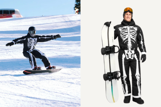 A snowboarder in a skeleton-themed ski suit riding down a snowy slope on the left, and the same individual posing with a snowboard on the right.