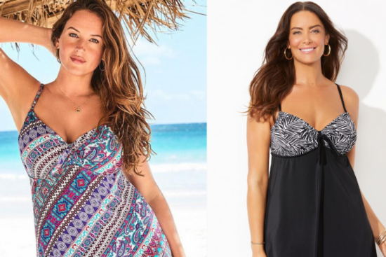 Three women wearing colorful plus-size swimsuits, including tie-dye, black with white trim, and floral prints.