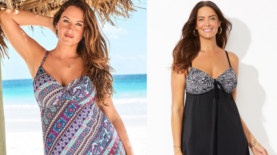 Three women wearing colorful plus-size swimsuits, including tie-dye, black with white trim, and floral prints.