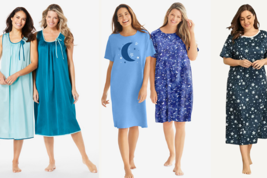 A display of five women wearing a sleep wear on a white solid background