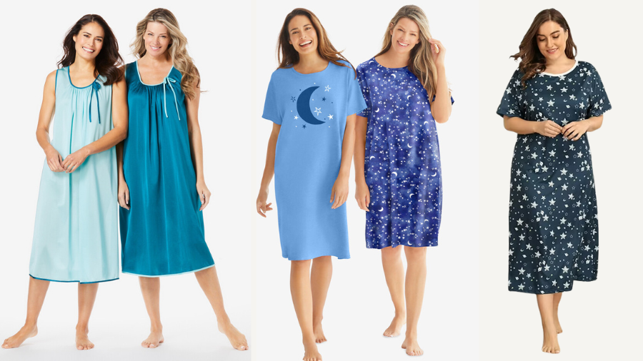 A display of five women wearing a sleep wear on a white solid background