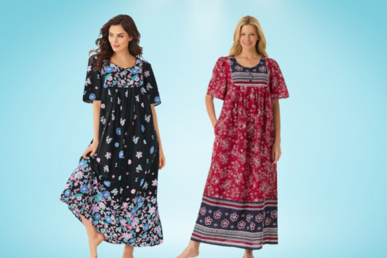 Two women wearing long floral dresses. The first dress is black with colorful floral prints and short sleeves. The second dress is red with a paisley pattern and decorative horizontal stripes.