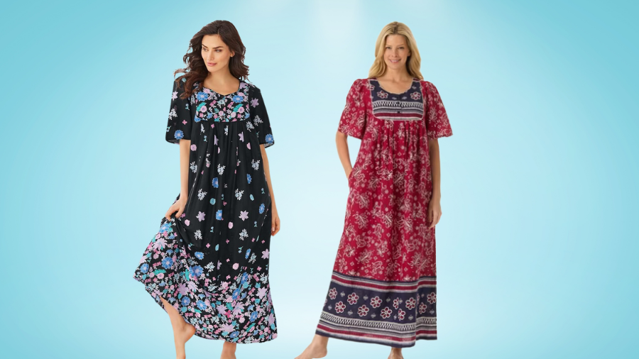 Two women wearing long floral dresses. The first dress is black with colorful floral prints and short sleeves. The second dress is red with a paisley pattern and decorative horizontal stripes.