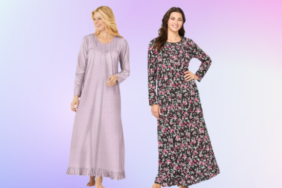 Two women in long-sleeved floral nightgowns, one light purple with ruffles and one black with pink flowers.